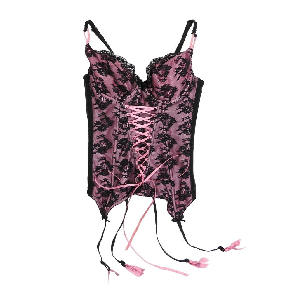 Ann Summers Y2k Vintage Pink and Black Lace Corset with Garters 34A